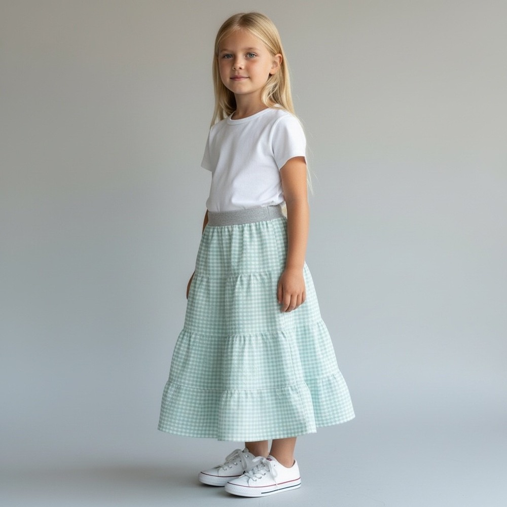 Girls Midi Mom and Pop's Kids Skirt Size 6 Mint Green Gingham Tiered Cotton